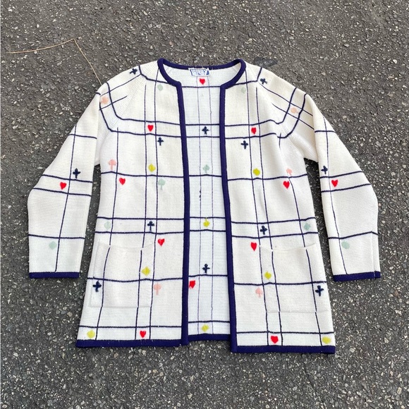 Vintage 60s Women’s Leroy Knit Playing Cards Heart/spades AOP cardigan Sweater - Picture 1 of 4